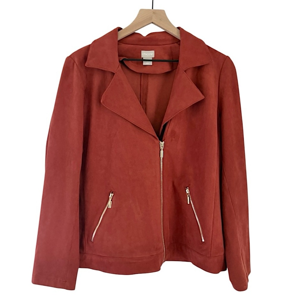 Chico’s Faux Suede Moto Jacket Zip Front Orange Red Women’s Size 8 or 10